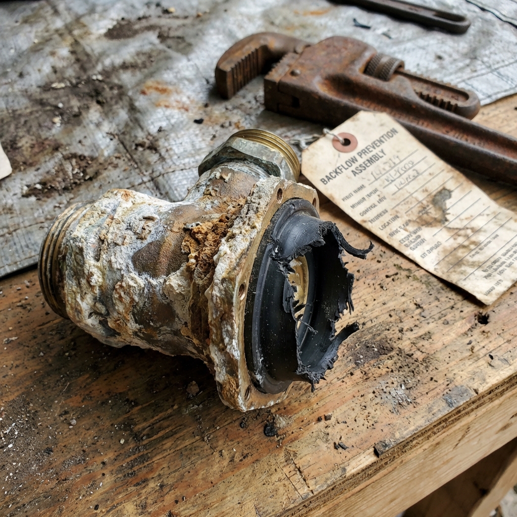 Close-up of a corroded check valve module removed from a backflow preventer showing mineral buildup and a torn rubber disc