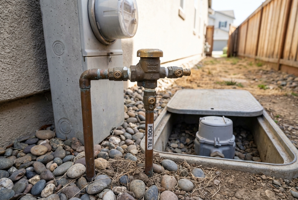 Residential pool fill line with brass backflow preventer installed on supply pipe near utility meter
