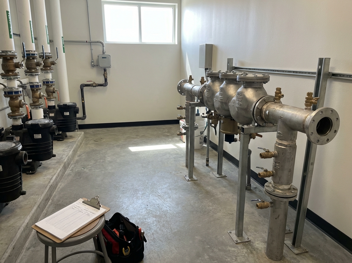 Commercial pool mechanical room showing RPZ assembly with test cocks and proper clearance for annual inspection