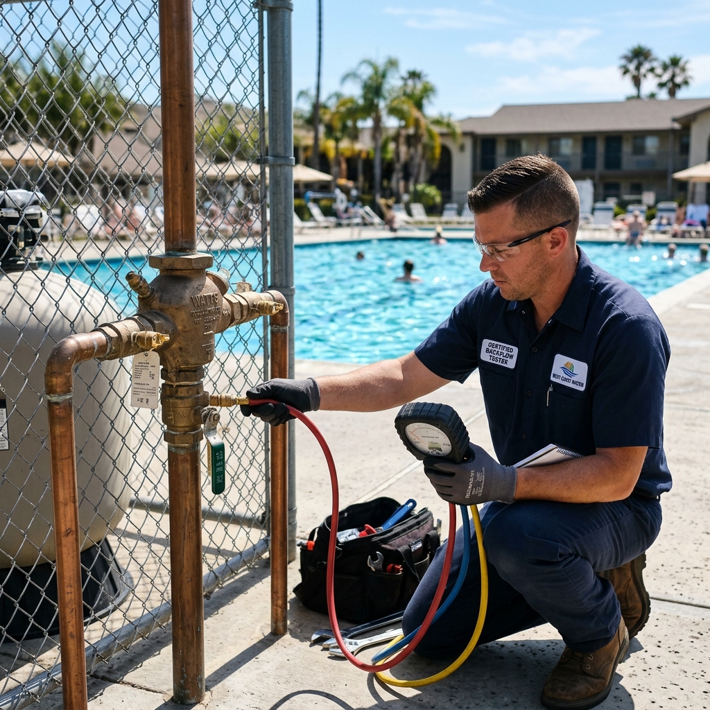 Certified backflow tester attaching differential pressure gauge to test cocks on poolside RPZ assembly