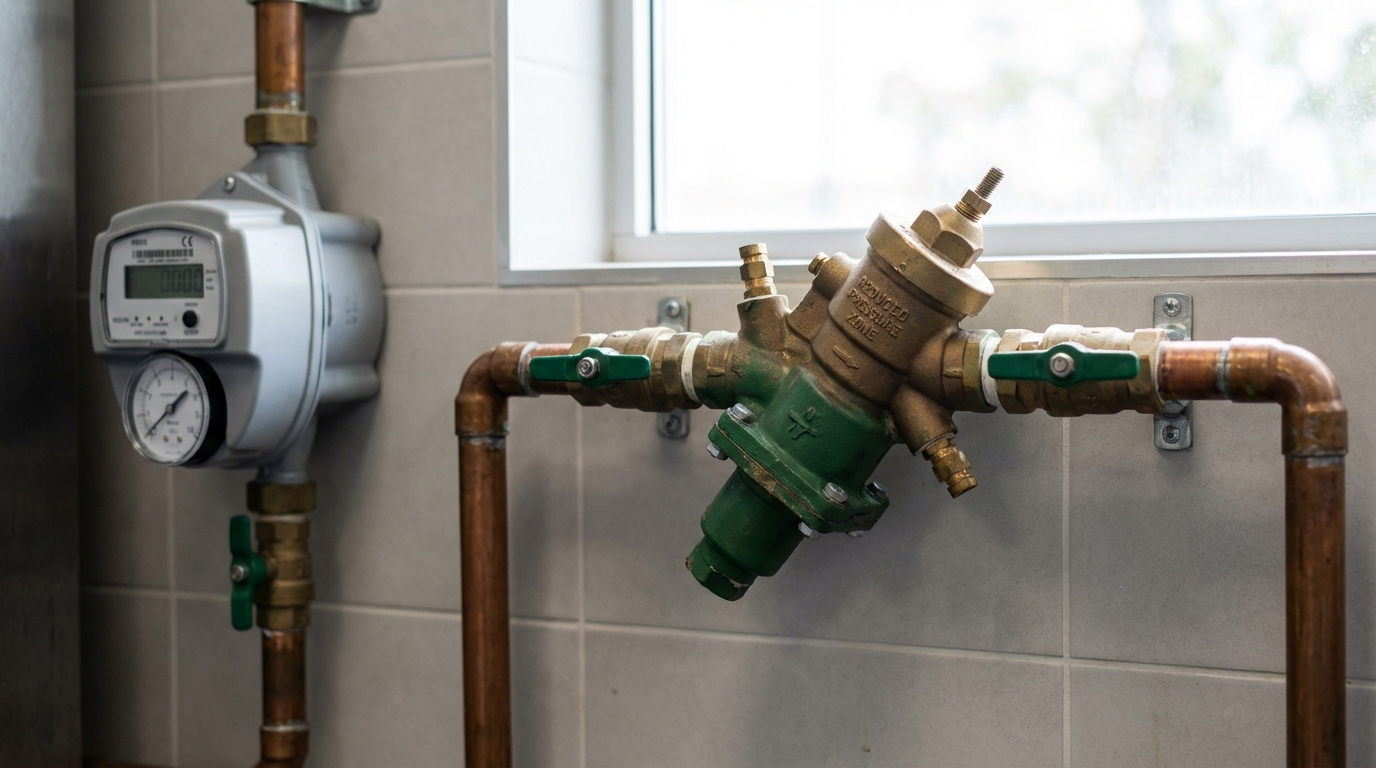 RPZ backflow preventer assembly installed on a commercial kitchen water supply line near a wall-mounted meter