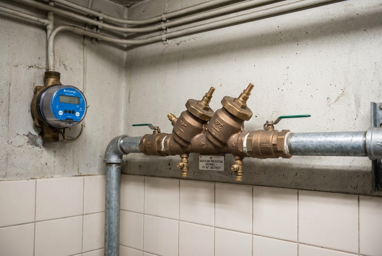 RPZ backflow preventer assembly installed on a commercial kitchen water supply line near a wall-mounted meter
