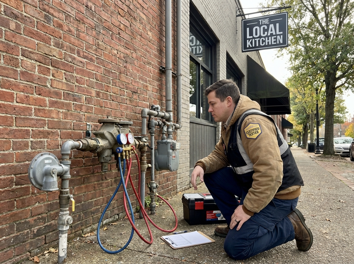 Certified backflow tester using a differential pressure test kit on an RPZ assembly outside a restaurant