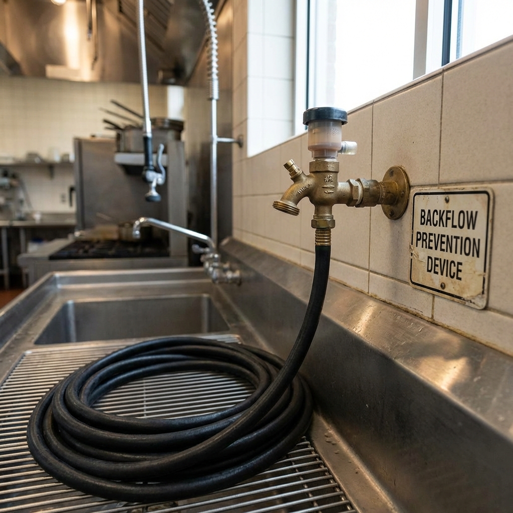 Wall-mounted hose bibb with atmospheric vacuum breaker installed at a commercial kitchen wash-down station