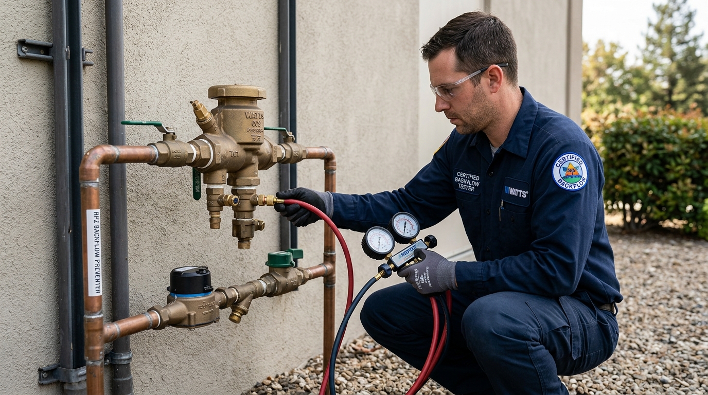 Certified backflow tester attaching a differential pressure gauge kit to an RPZ assembly mounted on an exterior wall