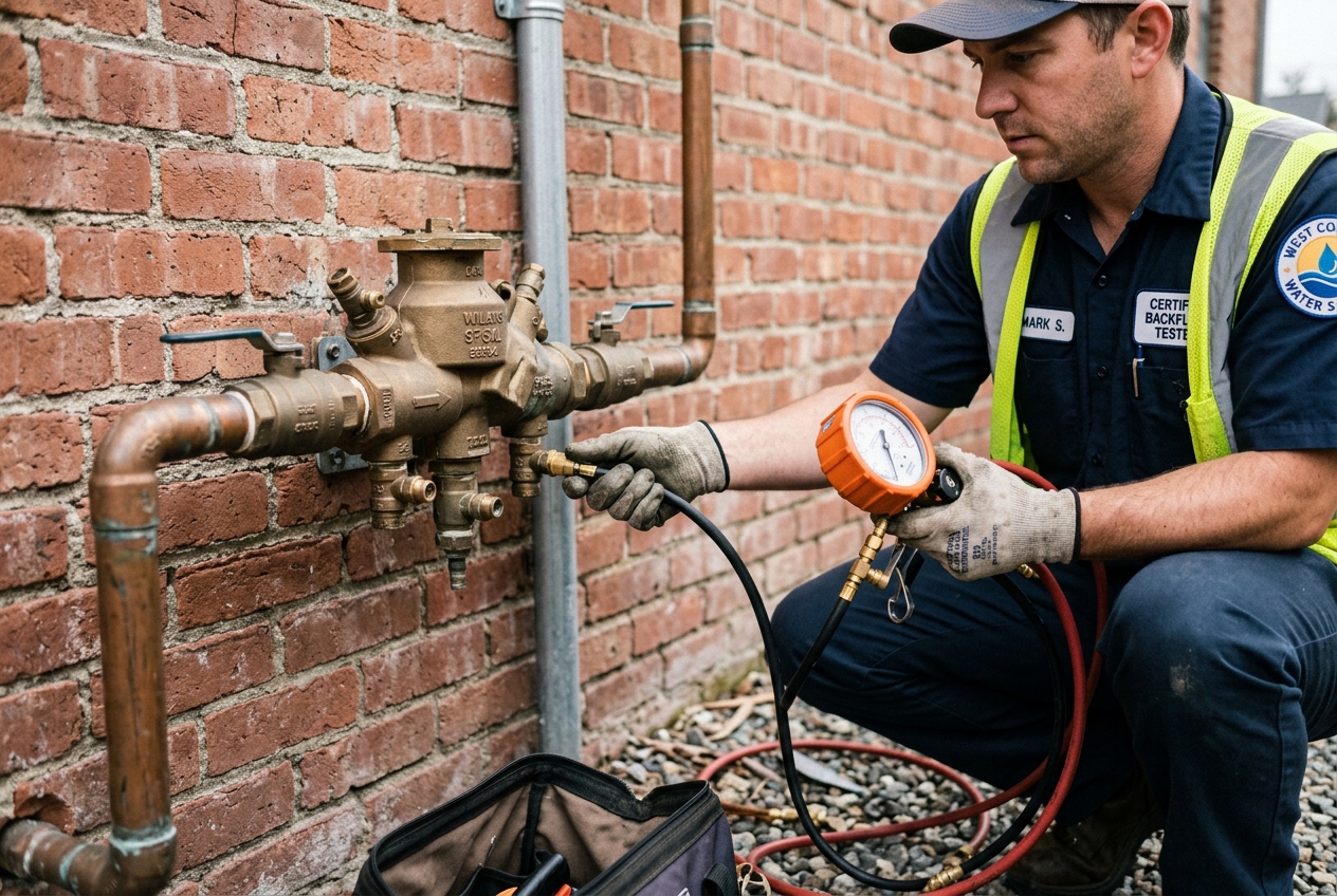 Certified backflow tester attaching gauge kit to an RPZ assembly mounted on an exterior wall
