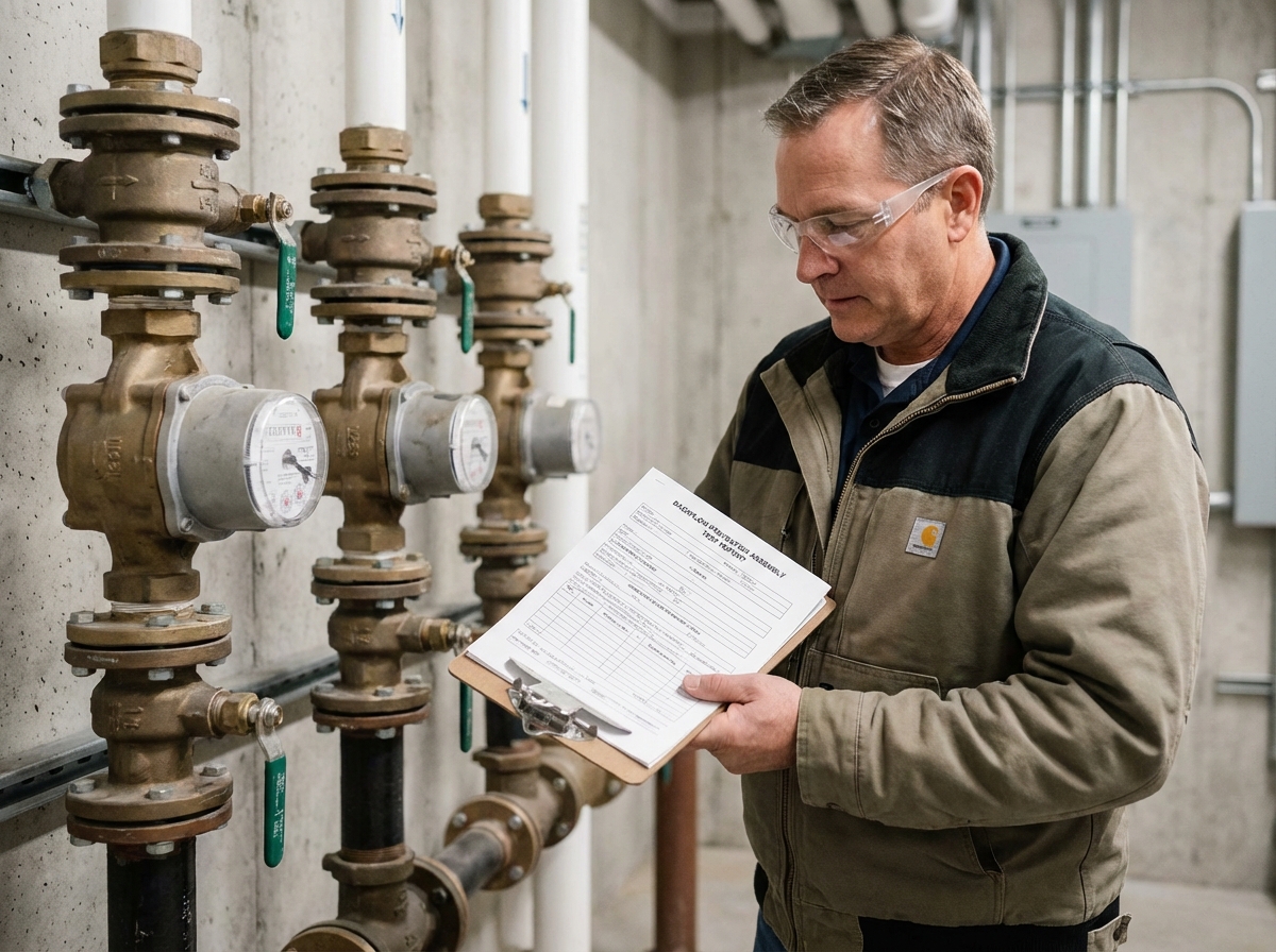 Property manager reviewing a backflow test report on a clipboard next to a row of commercial water meters