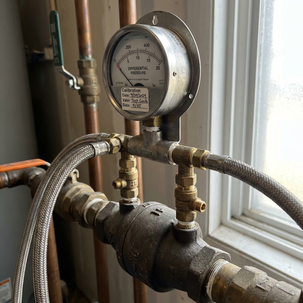 Close-up of a calibrated differential pressure gauge connected to test cocks on a double check valve assembly