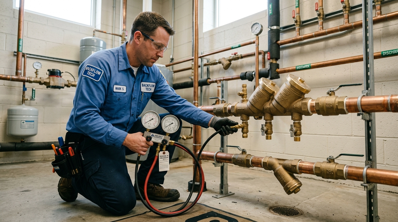 Certified backflow technician kneeling beside a brass reduced-pressure zone assembly in a mechanical room, attaching test cocks to a calibrated three-valve differential pressure gauge