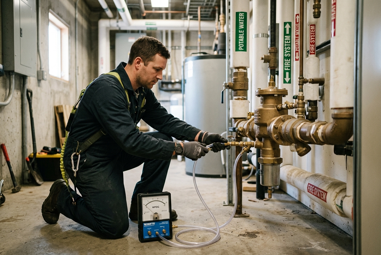 A technician kneeling beside a brass reduced-pressure zone assembly in a mechanical room, attaching test cocks to a calibrated three-valve differential gauge