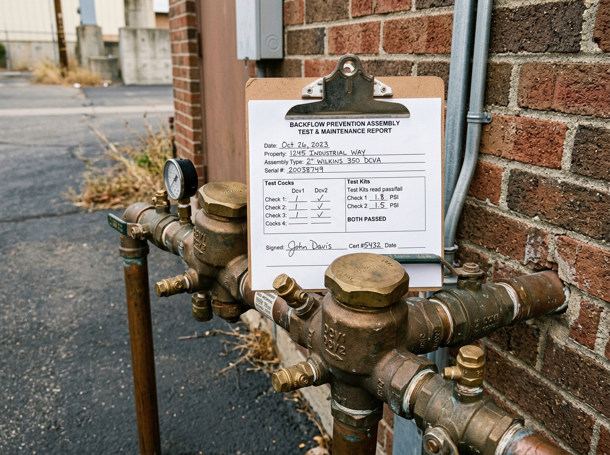 A clipboard with a completed backflow test report form lying on top of a closed brass double-check valve assembly outside a commercial building