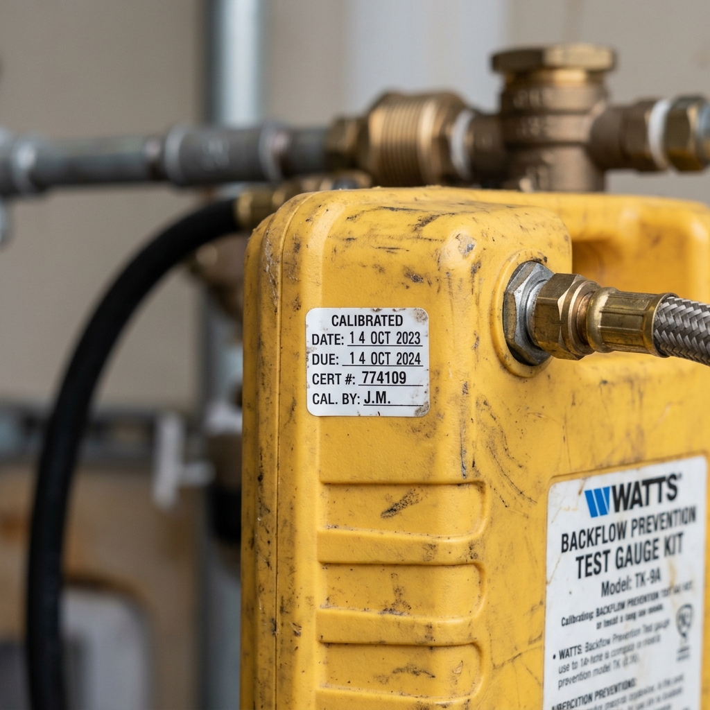 A small printed calibration sticker on the side of a yellow test gauge case, showing a recent calibration date
