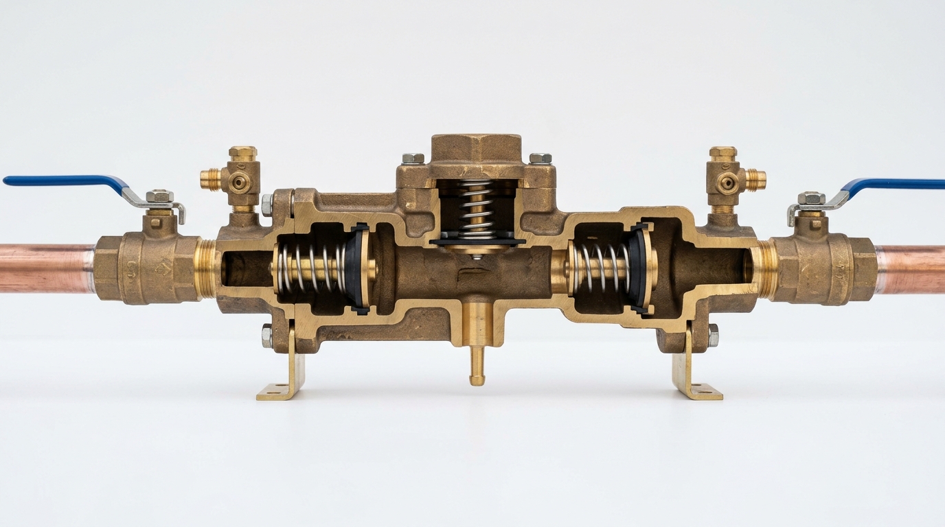 Cutaway diagram of a brass backflow preventer assembly showing internal check valves, relief port, and test cocks against a clean white background