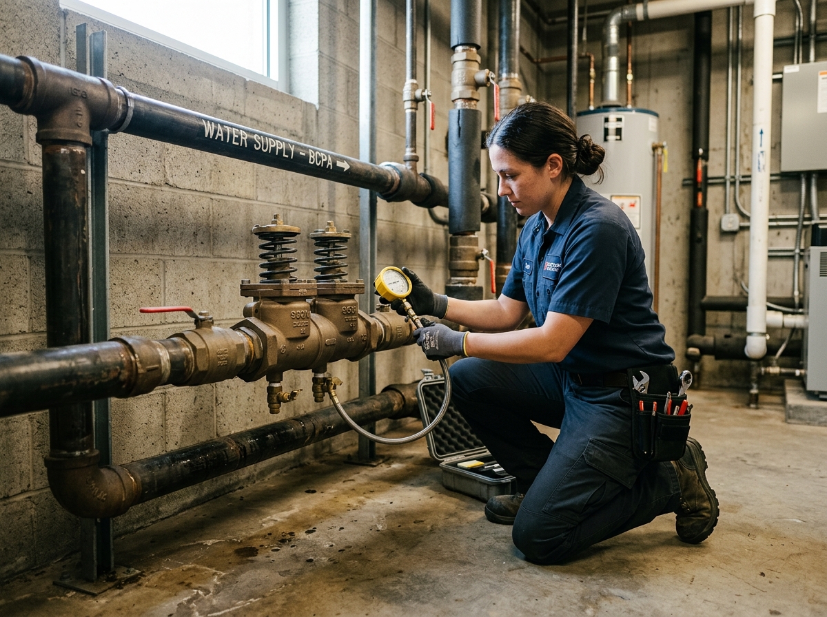 Technician kneeling beside an above-ground double check valve assembly in a mechanical room, attaching test gauge