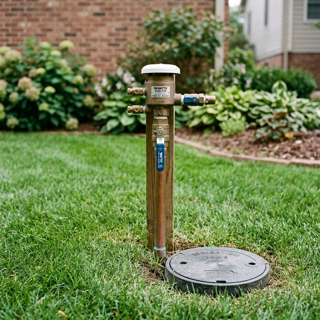 Outdoor pressure vacuum breaker mounted vertically next to a residential irrigation valve box on a green lawn