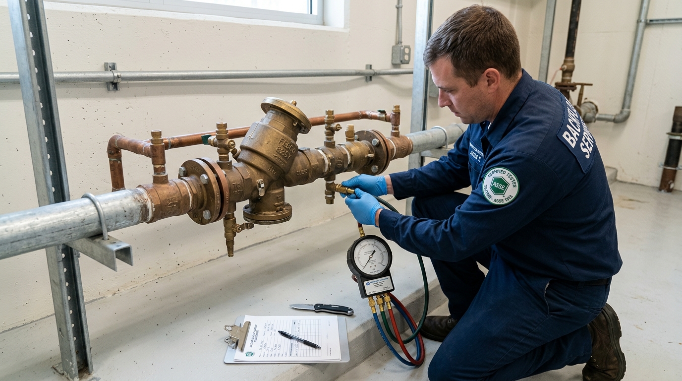 Certified backflow tester in a navy uniform connecting a calibrated differential pressure test gauge to the test cocks of a brass RPZ assembly mounted on a commercial water line, with a clipboard and paperwork on the ground beside him