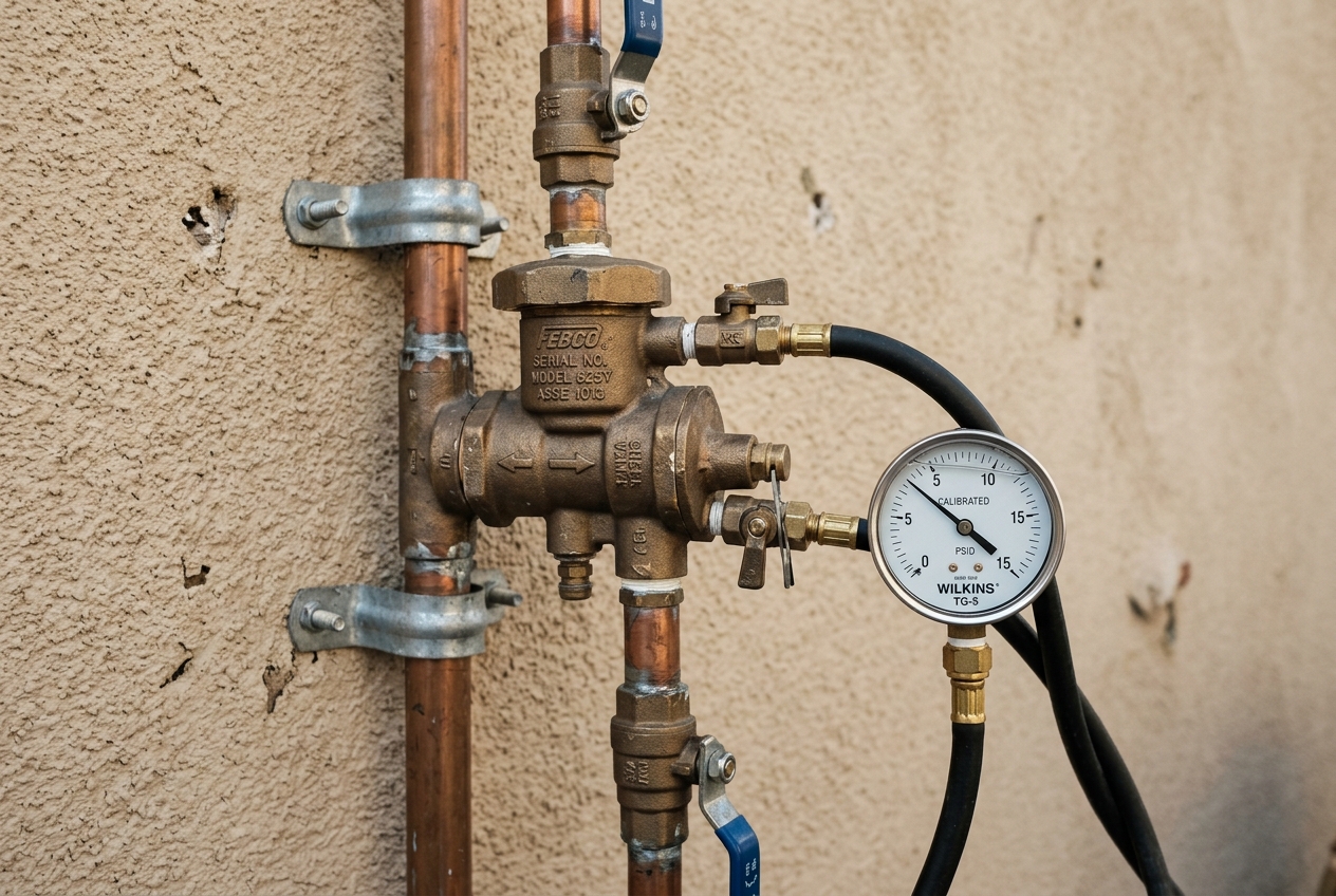Close-up of a brass RPZ backflow assembly with test cocks and a calibrated test gauge connected by hoses, mounted on a copper supply line against a beige stucco wall
