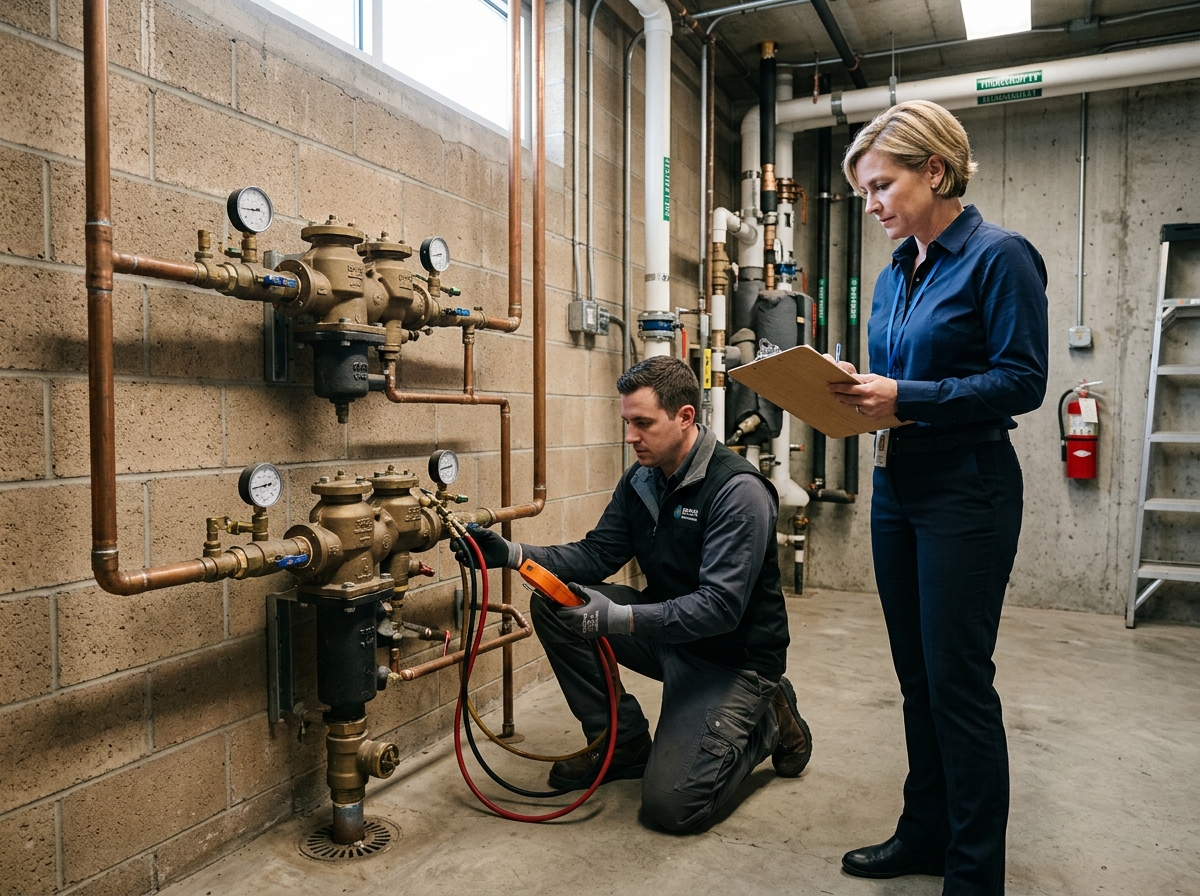 A property manager in a button-down shirt standing in a mechanical room with two large brass RPZ assemblies mounted on a wall, holding a clipboard while a tester kneels with a test kit