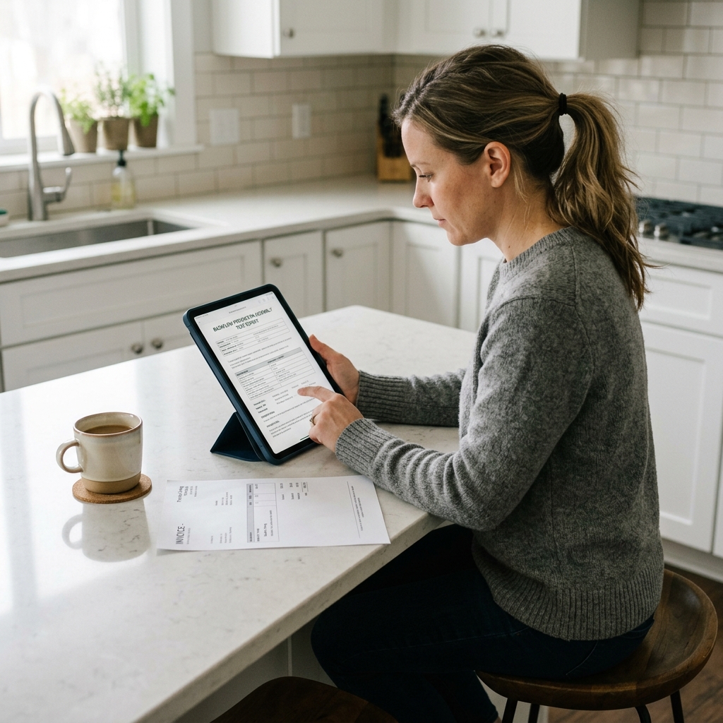 A homeowner reviewing a backflow test report on a tablet at a kitchen counter, with a paper invoice and a coffee mug beside the tablet