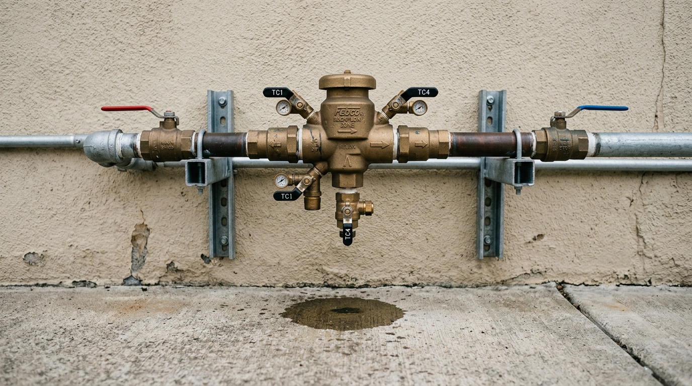 Brass reduced pressure zone backflow assembly mounted on an exterior wall with visible test cocks and a small puddle on the concrete below