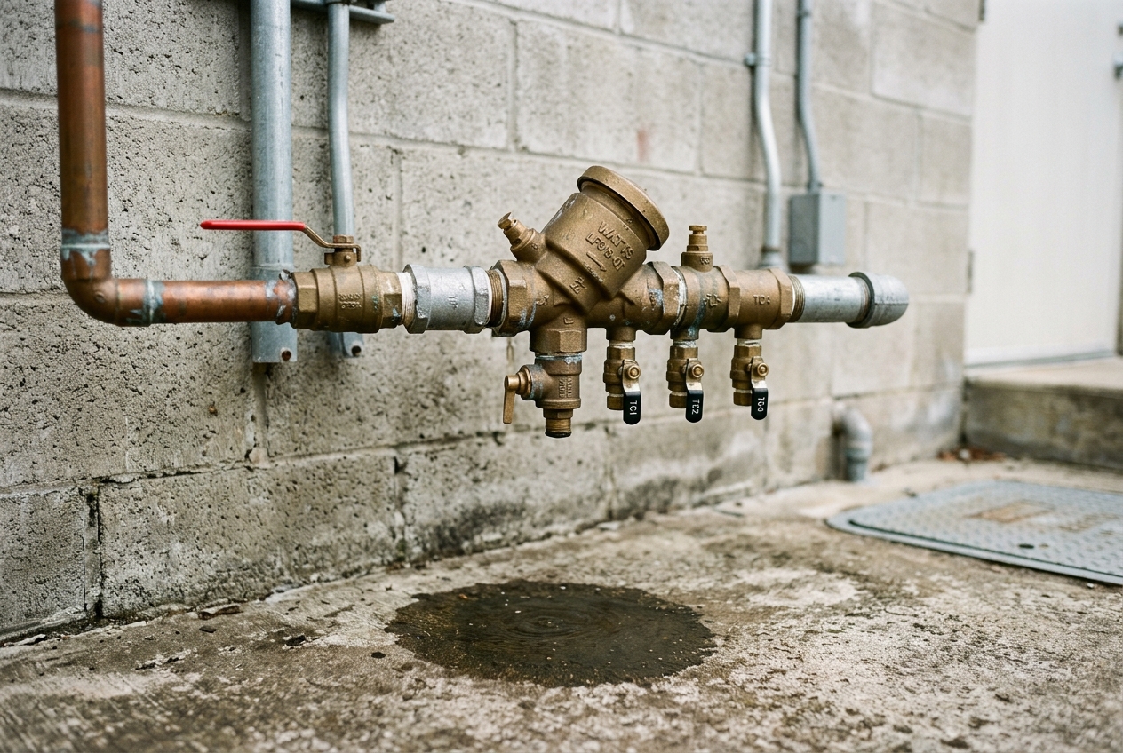 A brass reduced pressure zone backflow assembly mounted on an exterior wall with visible test cocks and a small puddle on the concrete below