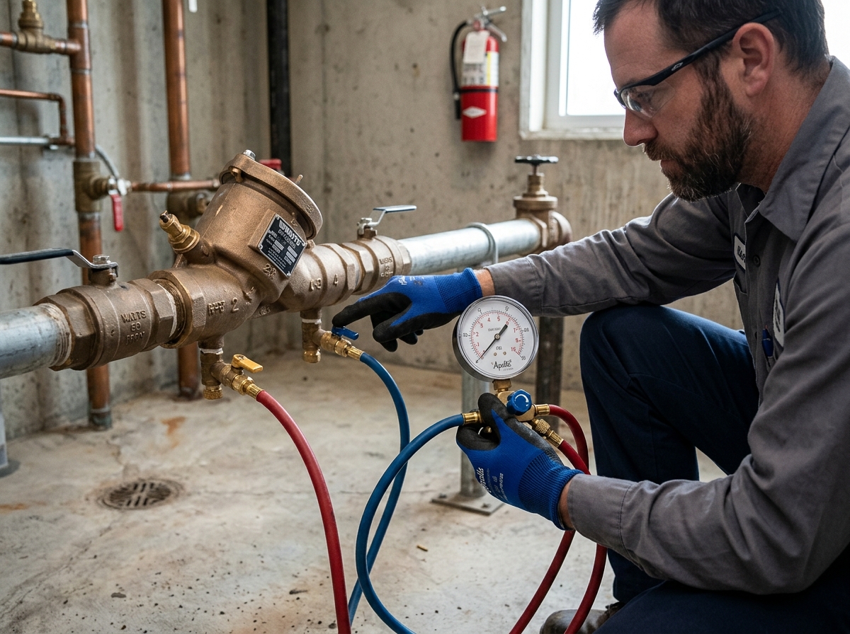 A technician in work gloves using a differential pressure gauge kit connected to the test cocks of a backflow preventer