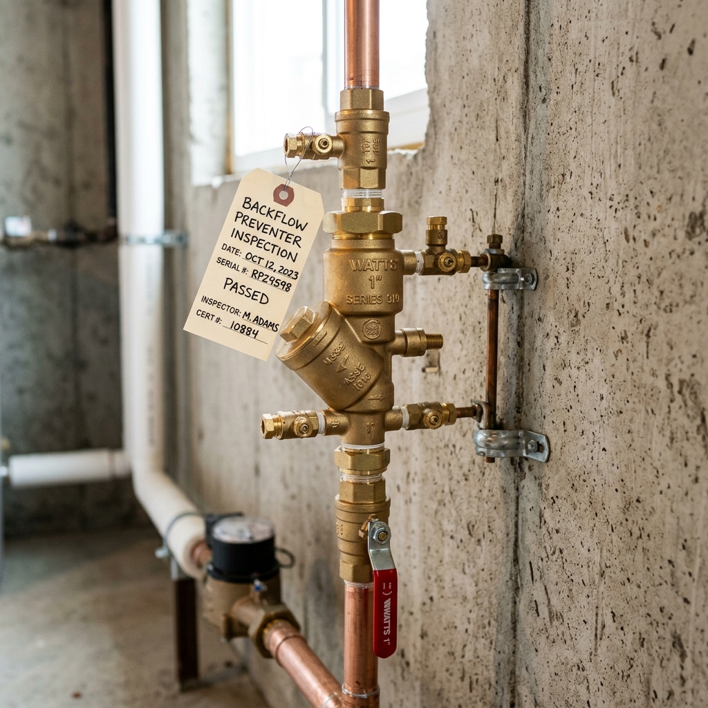 A newly installed shiny brass backflow preventer assembly with fresh pipe fittings and a tag attached showing inspection date