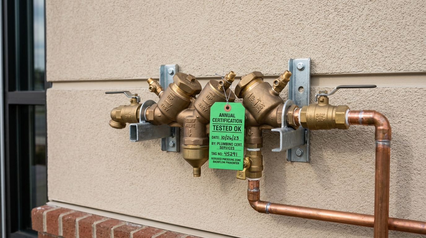 Reduced pressure zone backflow assembly with brass test cocks and green certification tag mounted on the exterior wall of a commercial building
