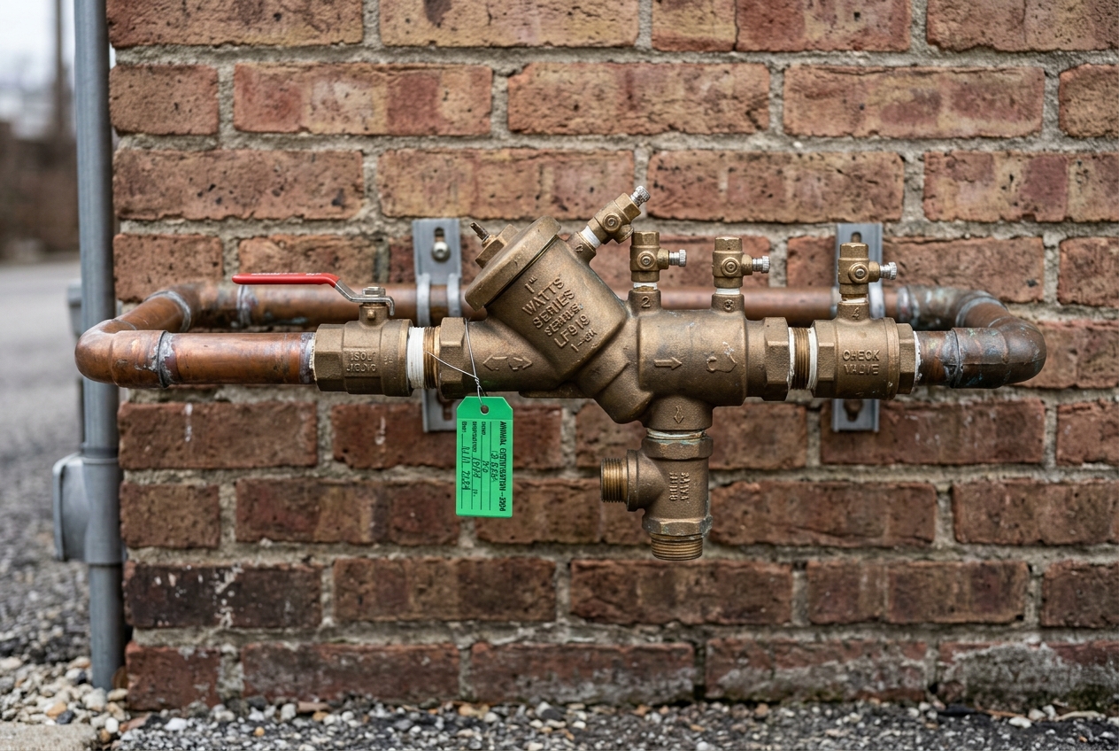 A reduced pressure zone assembly mounted above ground on the exterior wall of a commercial building, with brass test cocks and a small green tag wired to the body
