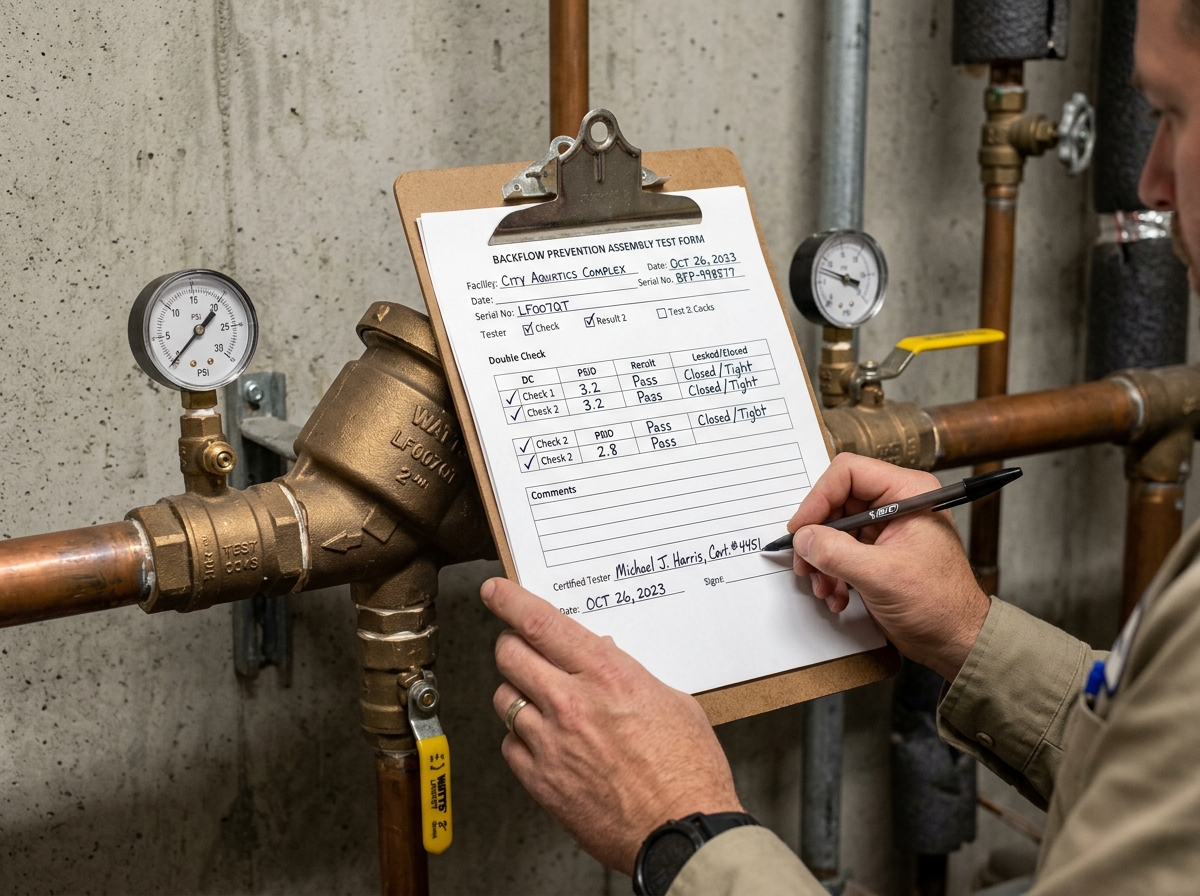 A clipboard resting on top of a backflow assembly showing a completed test form with gauge readings, signatures, and a hand holding a pen
