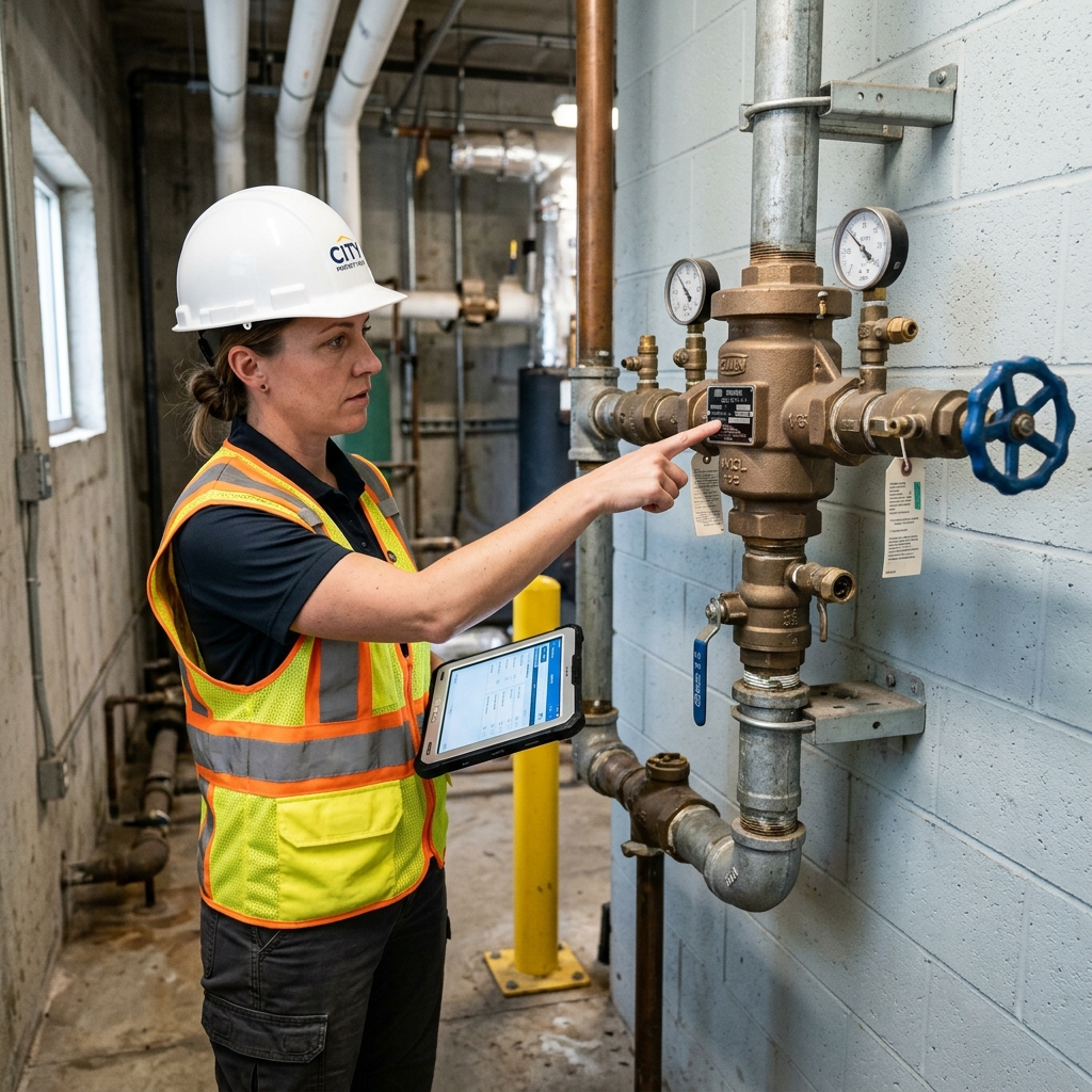 A property manager in a hard hat standing next to a wall-mounted backflow assembly inside a mechanical room, holding a tablet and pointing at the device's data plate