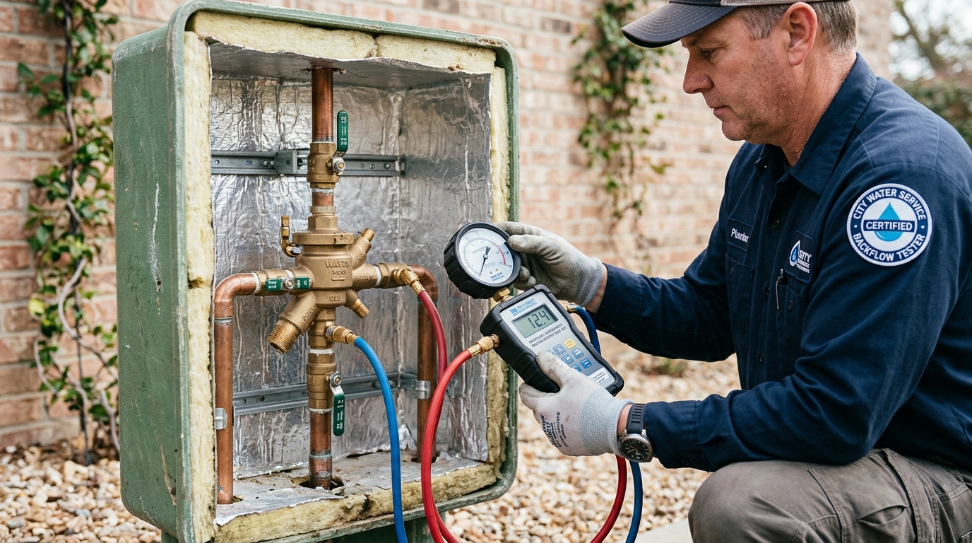 Certified plumber using a calibrated differential pressure gauge to test a brass RPZ backflow preventer mounted on copper piping inside an open outdoor insulated enclosure
