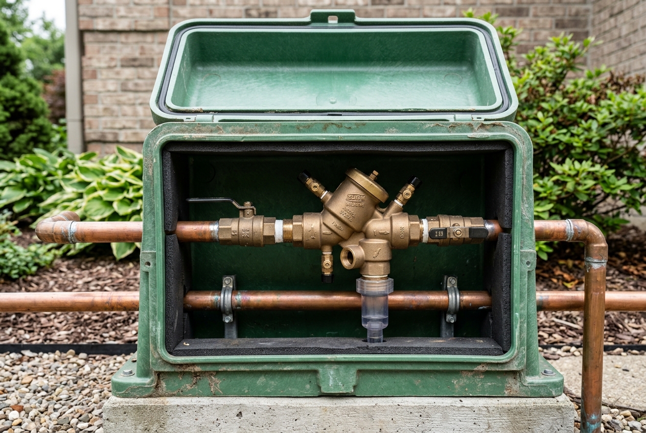 A brass RPZ backflow preventer mounted horizontally on copper piping inside a green outdoor insulated enclosure with the lid open