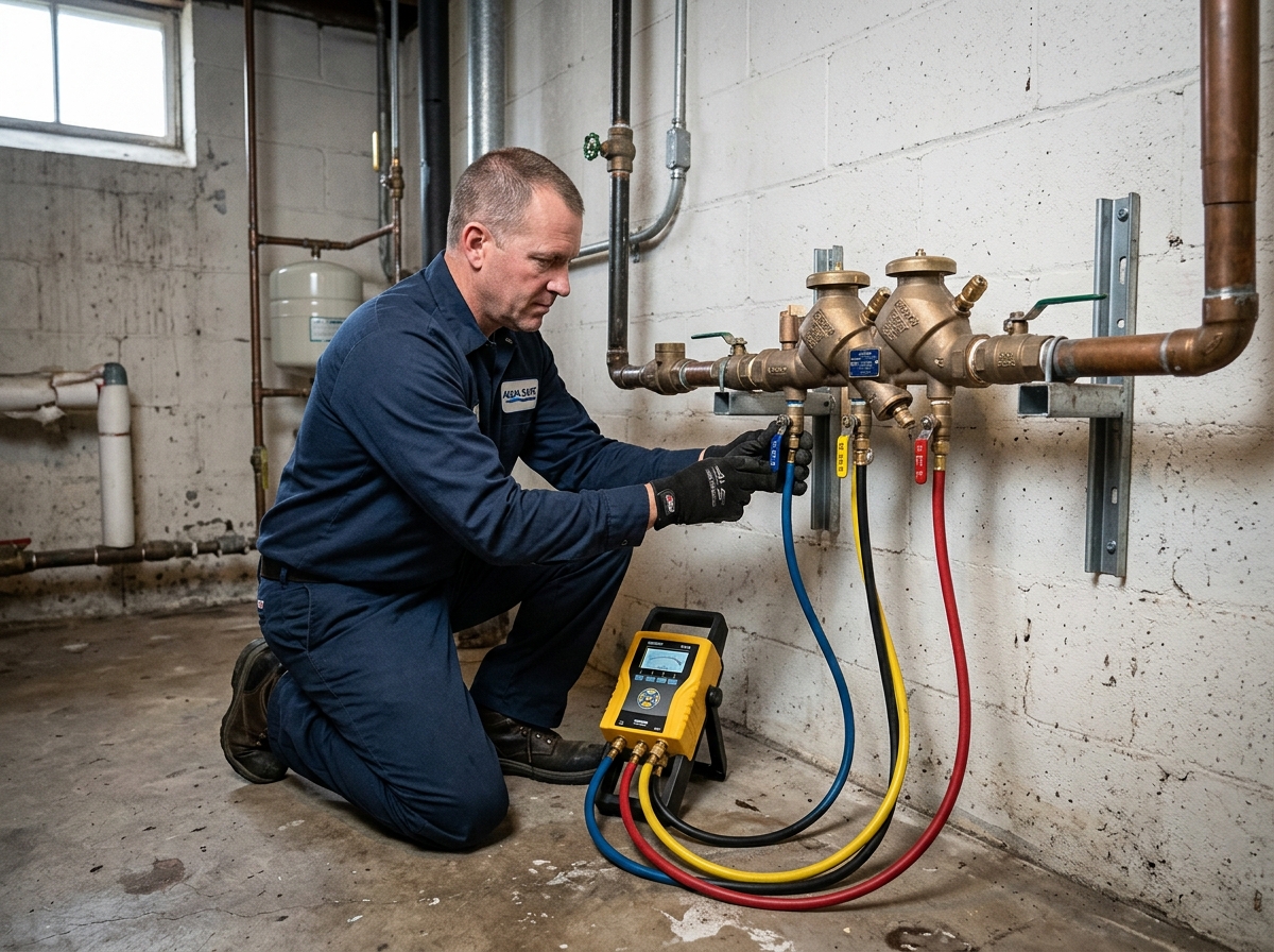 A technician kneeling next to a wall-mounted backflow preventer in a basement mechanical room, attaching a test kit with three color-coded hoses to the test cocks