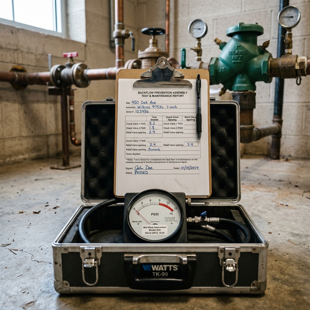 A completed paper backflow test report on a clipboard sitting on top of an open metal test kit case with a calibrated differential pressure gauge visible inside