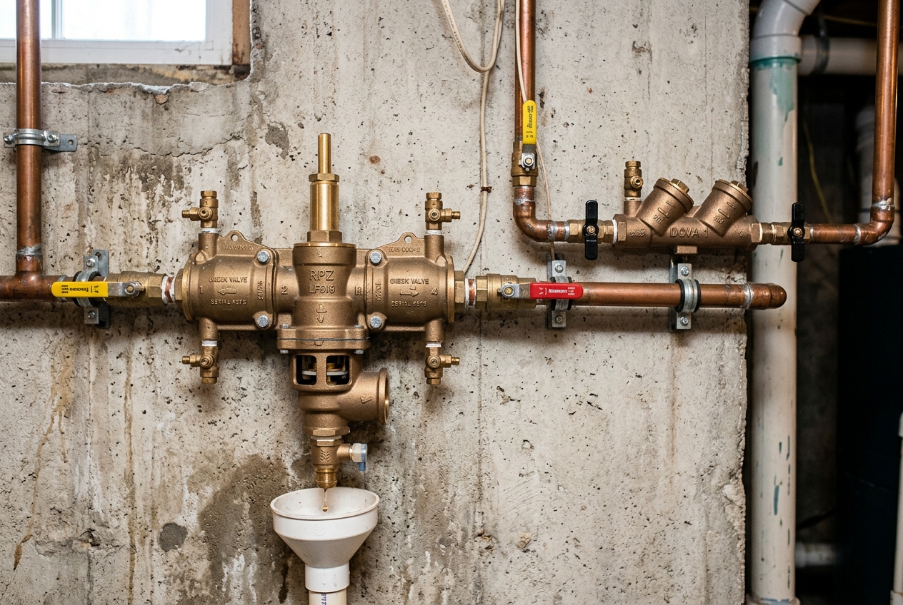 Side-by-side comparison of a brass RPZ assembly with a visible relief valve next to a smaller bronze DCVA assembly mounted on a basement wall
