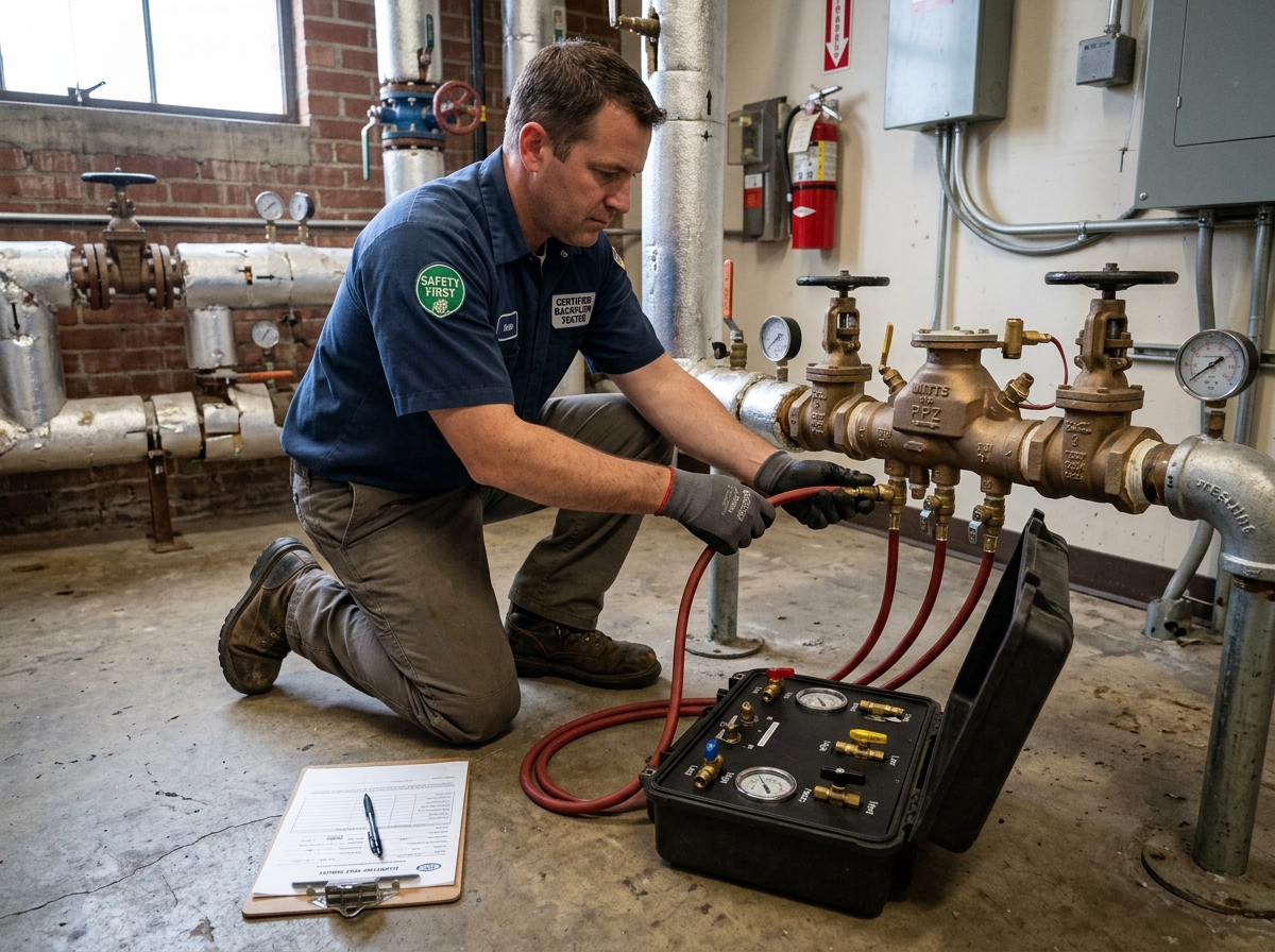 Certified backflow tester kneeling next to an RPZ in a mechanical room, connecting a calibrated test kit to the four test cocks with a clipboard nearby
