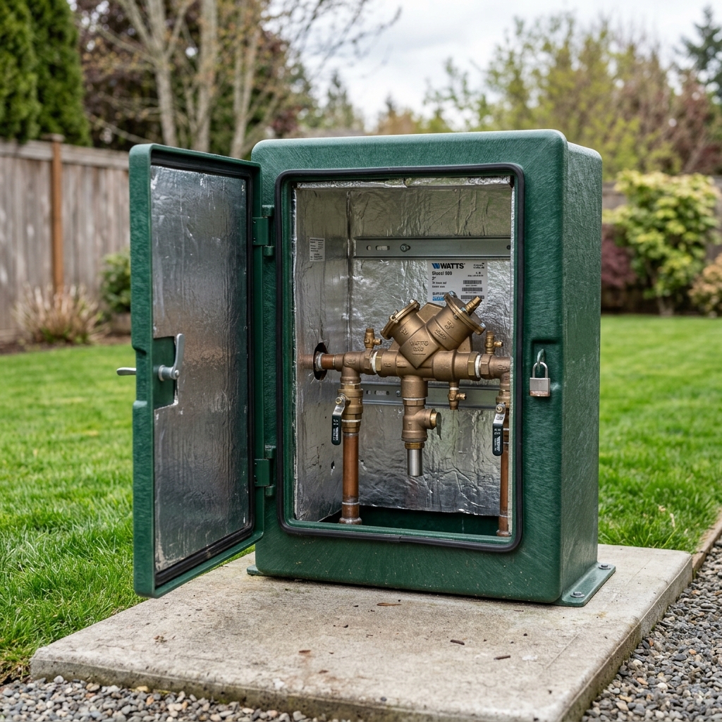 Outdoor RPZ assembly inside an insulated green fiberglass hot-box enclosure on a concrete pad next to a lawn, with the access door open showing the assembly inside
