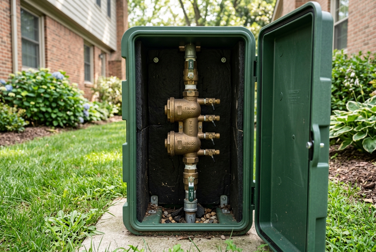 A brass double-check valve assembly mounted vertically inside an above-ground insulated enclosure next to a residential lawn