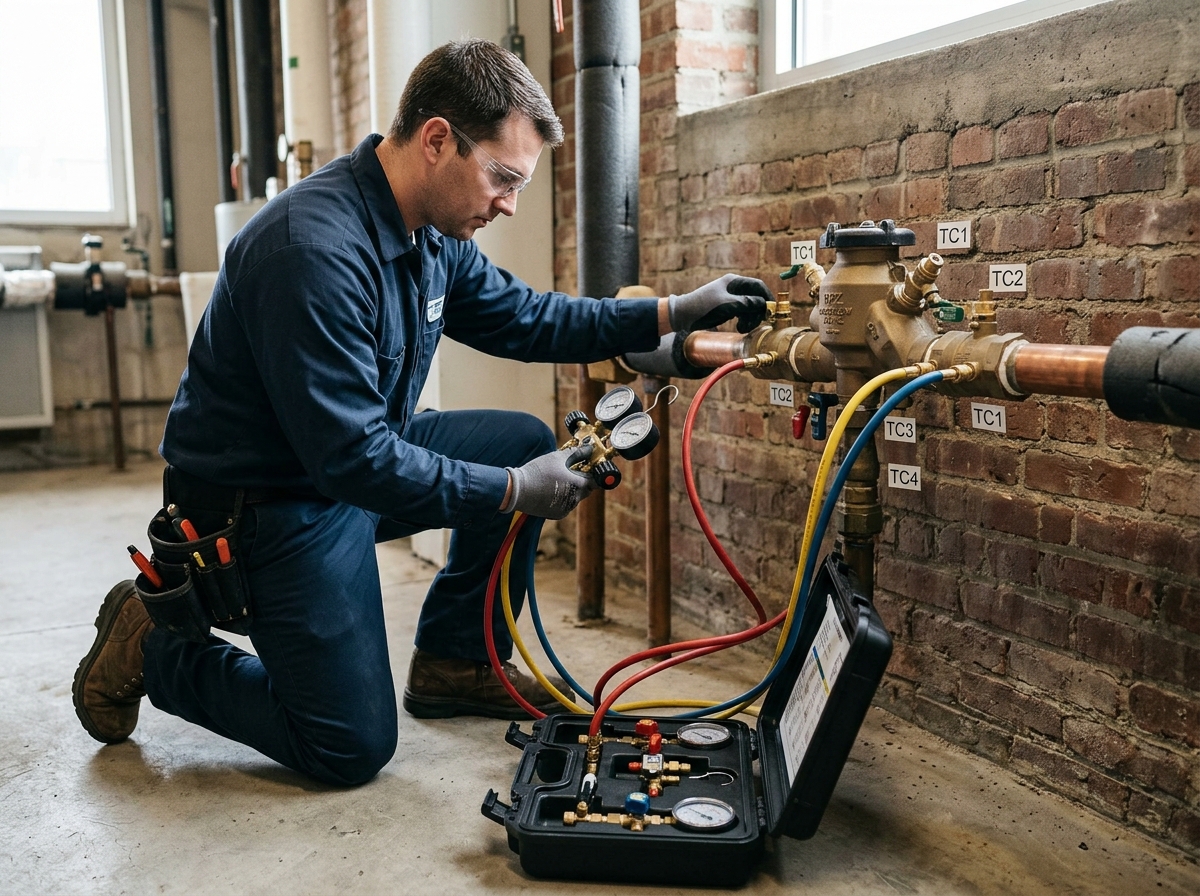 A technician kneeling beside an RPZ backflow assembly using a calibrated test kit with three color-coded hoses connected to the test cocks