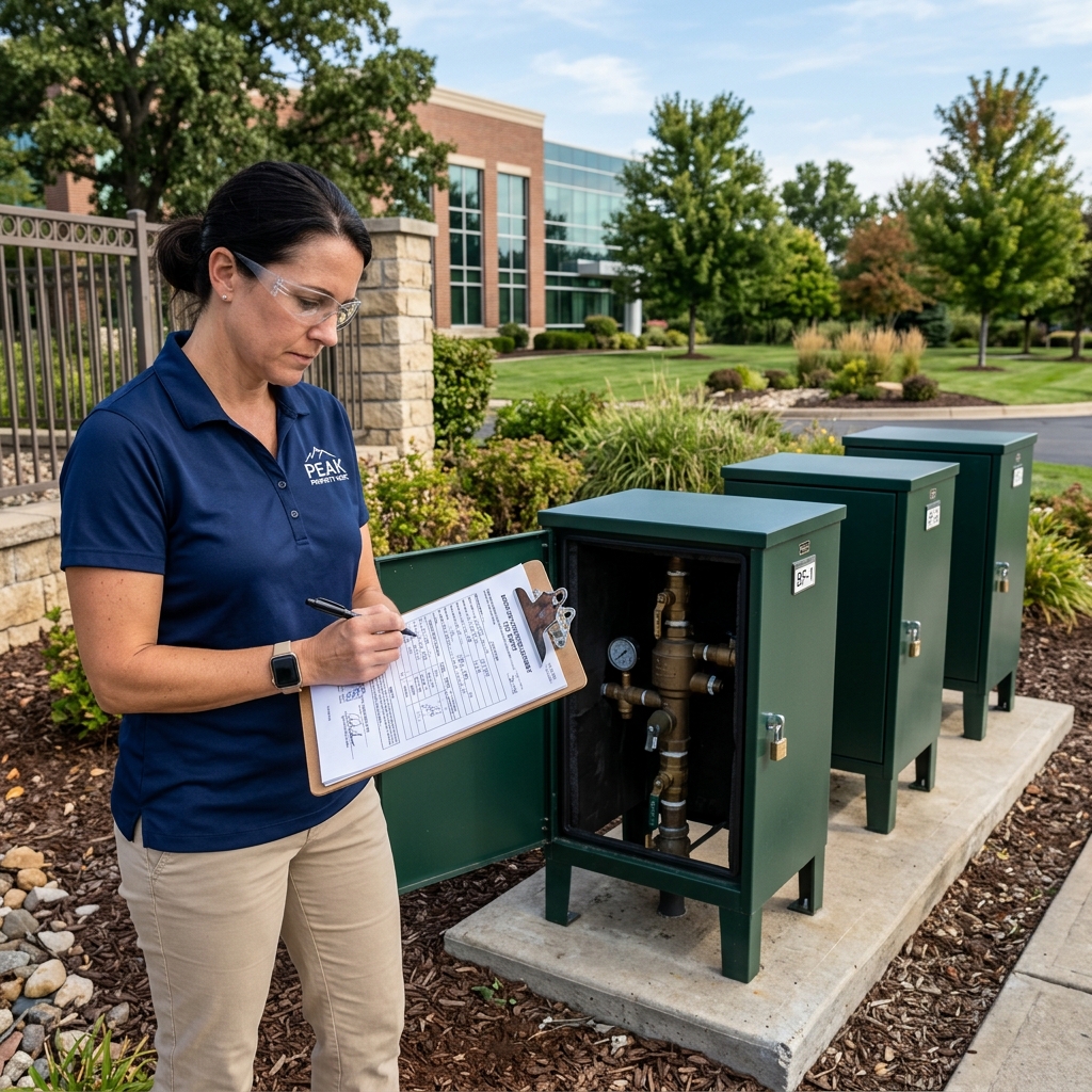 A property manager reviewing a clipboard test report next to a row of insulated backflow enclosures at the perimeter of a commercial landscaped property