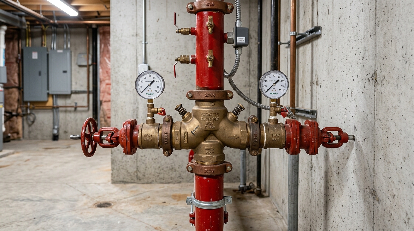 Red fire sprinkler riser in a basement mechanical room with a brass double check backflow assembly, pressure gauges, and shutoff valves