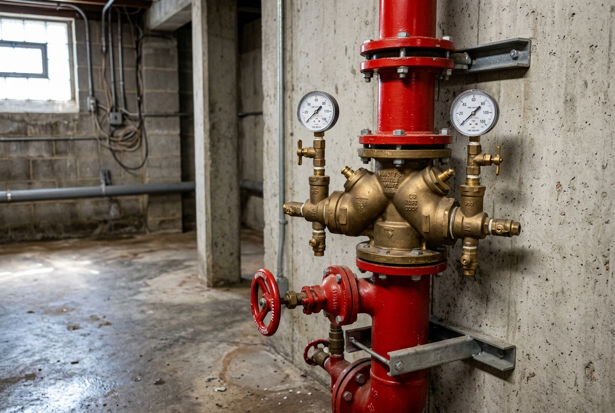 Red fire sprinkler riser in a basement mechanical room with a brass double check assembly and pressure gauges