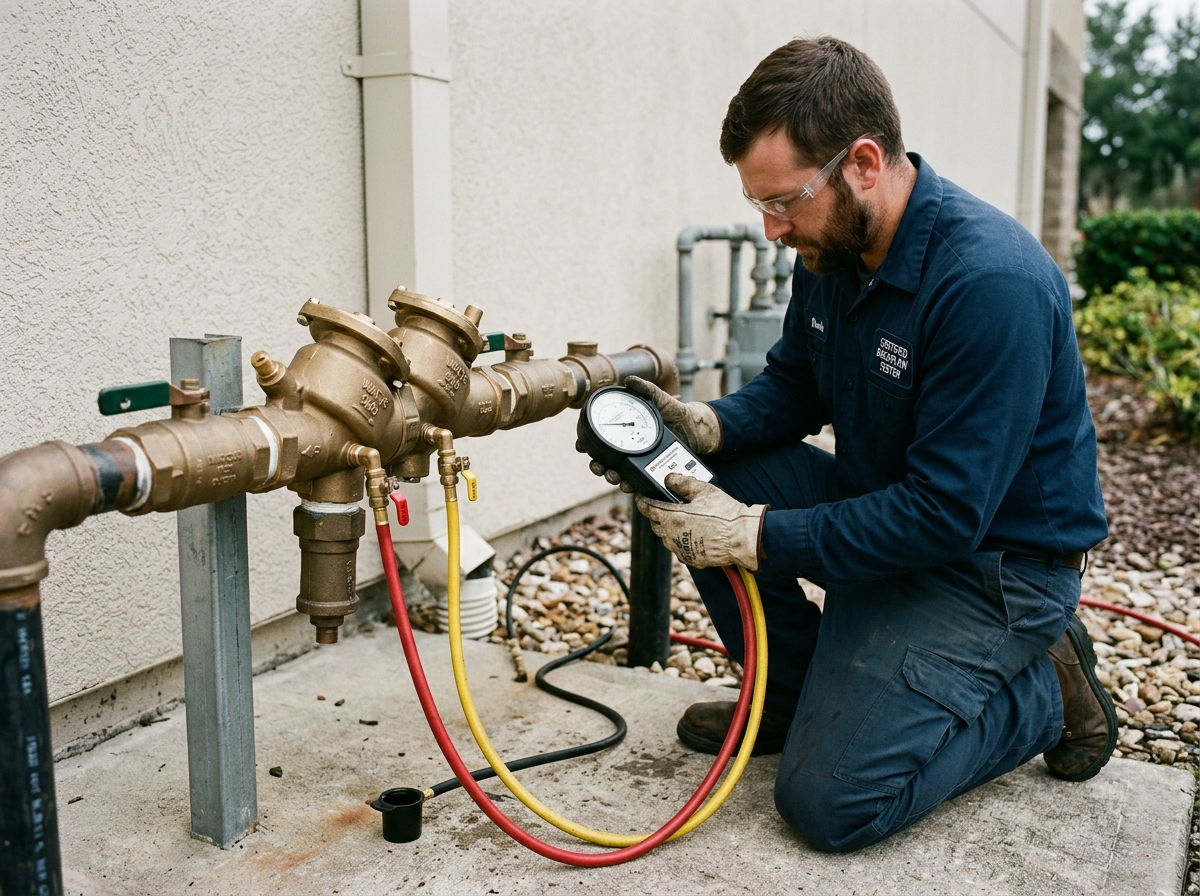 Certified tester kneeling next to a backflow assembly holding a calibrated differential pressure test kit with red and yellow hoses connected to test cocks