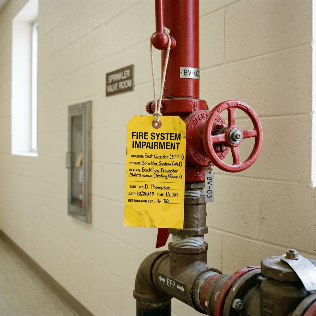 Yellow fire system impairment tag hanging from a sprinkler control valve in a building corridor