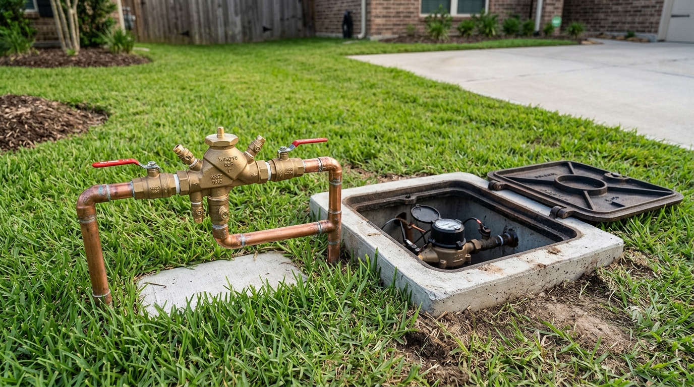 Open municipal water meter pit in a residential front lawn with a reduced pressure zone backflow assembly installed on the customer side
