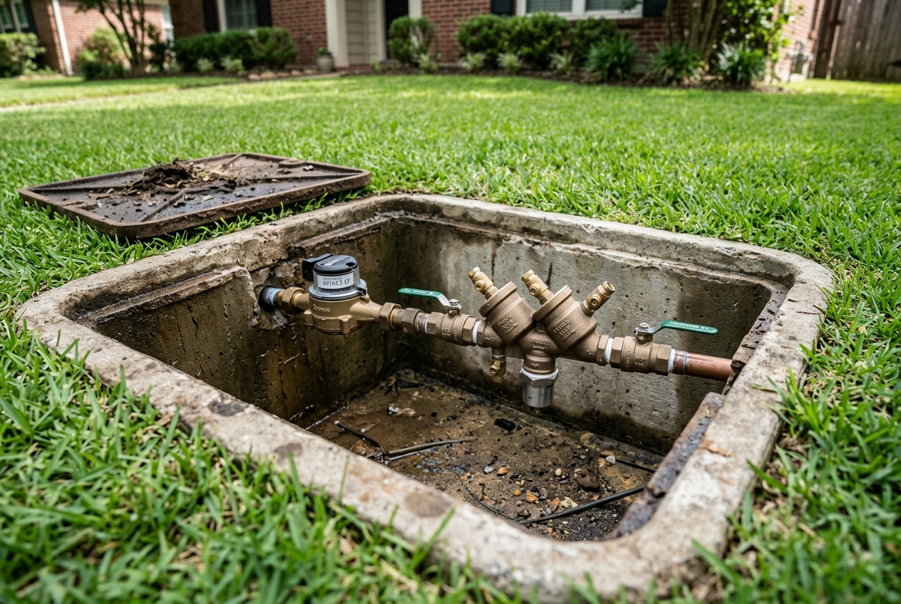 A municipal water meter pit open in a residential front lawn with a reduced pressure zone assembly installed on the customer side