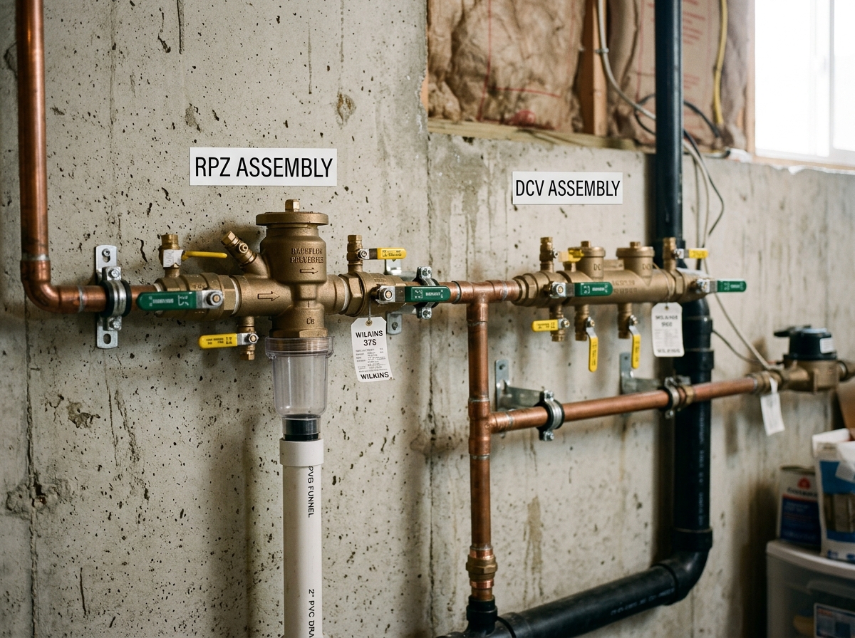 A side-by-side comparison of a reduced pressure zone assembly and a double check valve assembly mounted on a basement wall with shutoff valves and test cocks visible