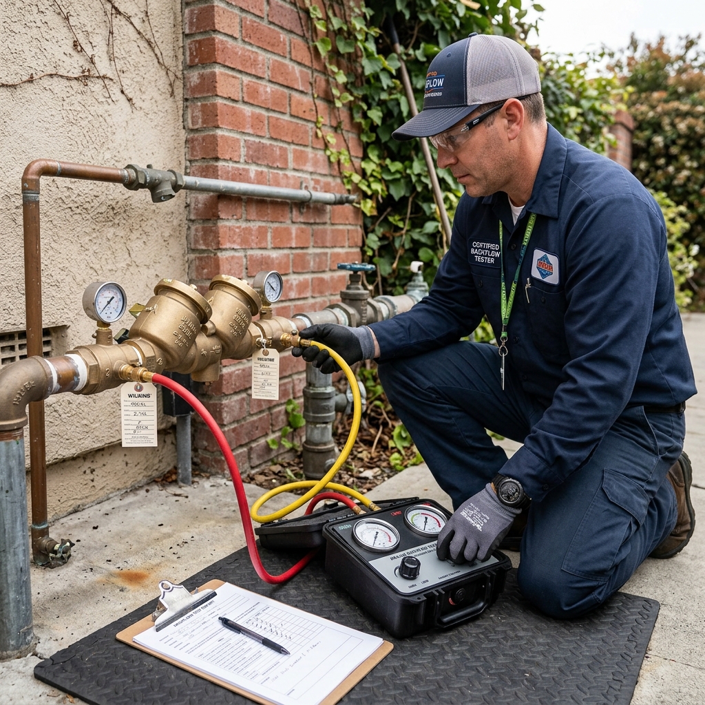 A certified tester kneeling beside a backflow assembly with a test kit attached via short hoses to the test cocks and a clipboard nearby