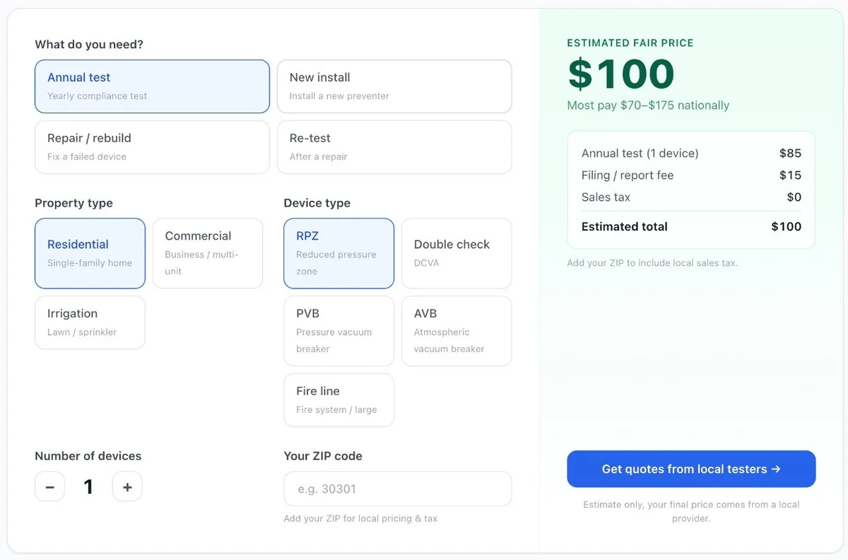 Backflow Testing Cost Calculator at FindBackflowTesters.com/pricing